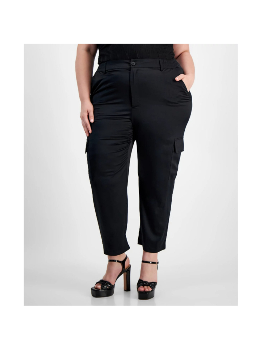 Bar III Women's Size 2X Plus Size Black Satin Tapered Cargo Pants NWT